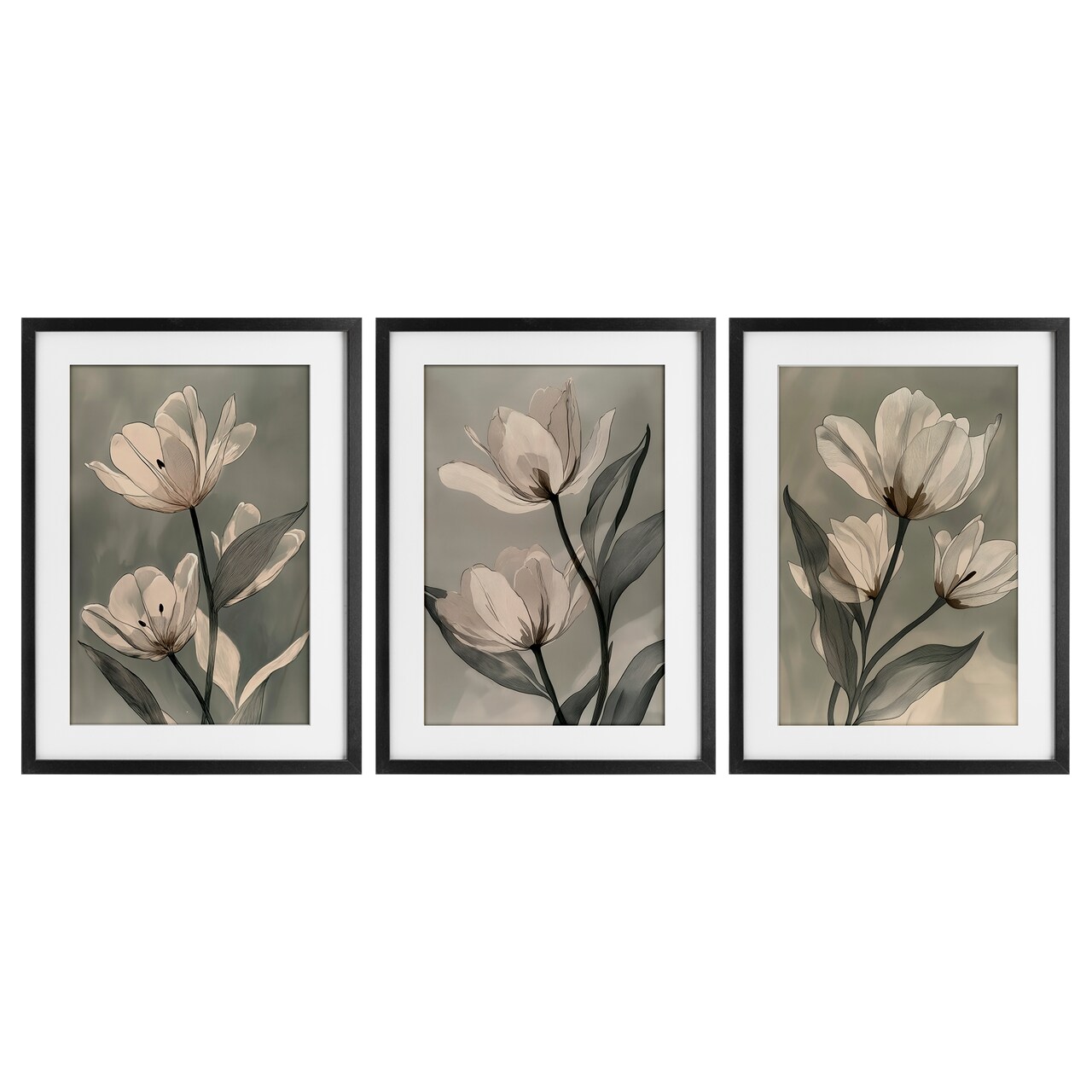 Stupell Industries Flower Trios Portraits 3 Piece Black Framed Print Under Glass Set, design by Annabelle Hall